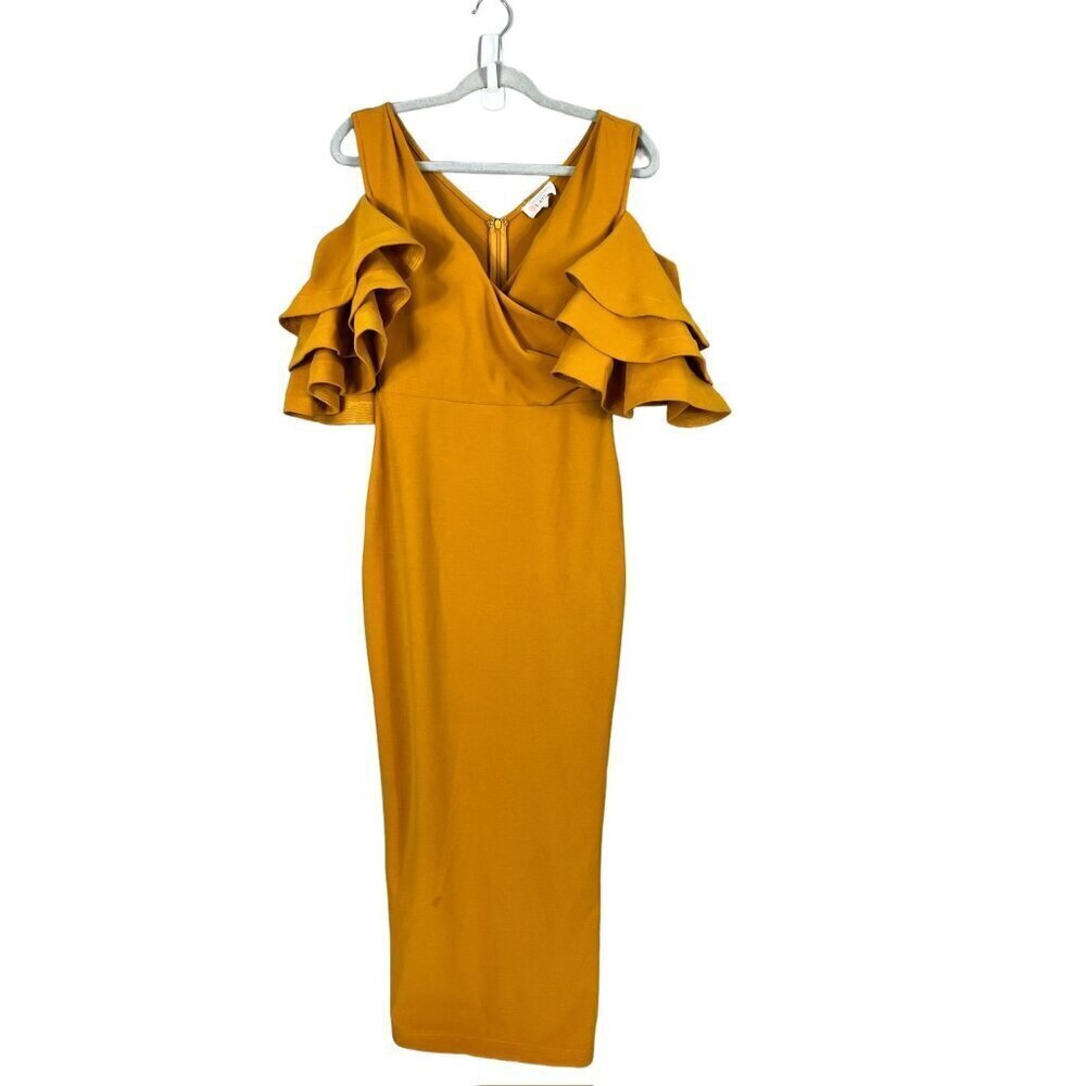 La' tiste Women's Dark Yellow Ruffled Sleeve Long Fitted Dress - Picture 1 of 7